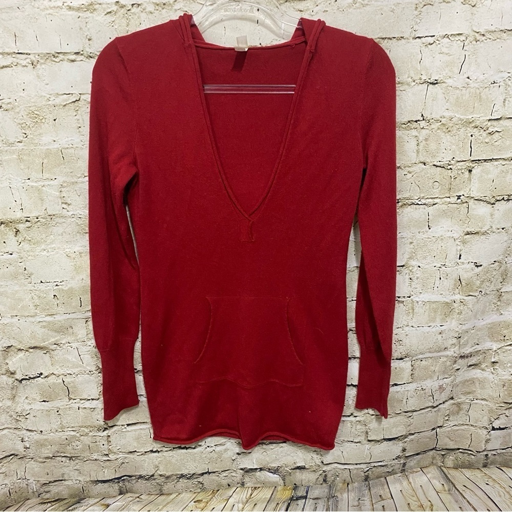Gap Body Red Soft V Neck Hooded Pullover Thin Knit Sweater